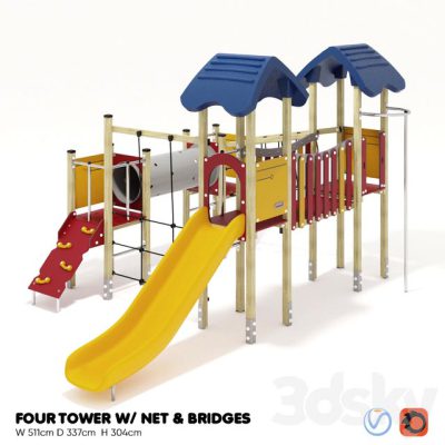 مدل سه بعدی زمین بازی کودک KOMPAN FOUR TOWERS WITH NETWORK AND BRIDGES
