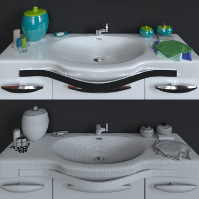 مدل سه بعدی سینک روشویی Washbasin with mirror + decorative set