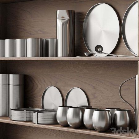 مدل سه بعدی وسایل آشپزخانه 059_Kitchen decor set DISHES aluminum 01