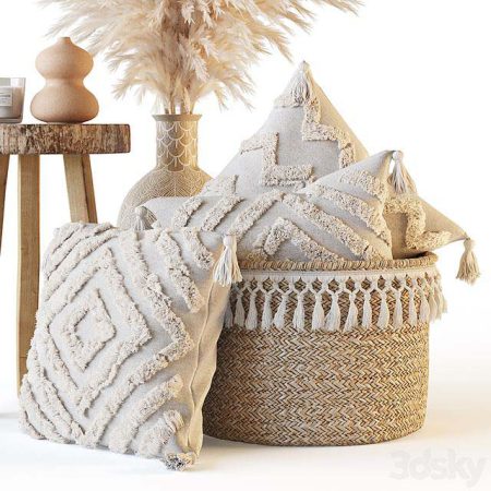 مدل سه بعدی دکوراتیو Decorative set with pillows and pampas