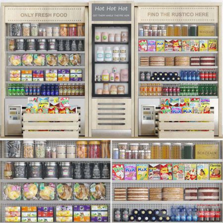 مدل سه بعدی فروشگاه Grocery showcase in a supermarket in ethnic style with drinks and groceries