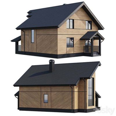 مدل سه بعدی خانه ویلایی Two Storey Wooden House With A Complex Pitched Roof