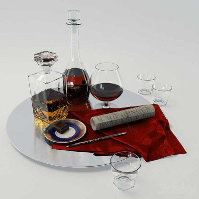 مدل سه بعدی شراب A set with a decanter of whiskey and brandy on a large platter