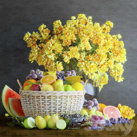 آبجکت گلدان و میوه Fruits, Berries, Citrus, Vase with flowers